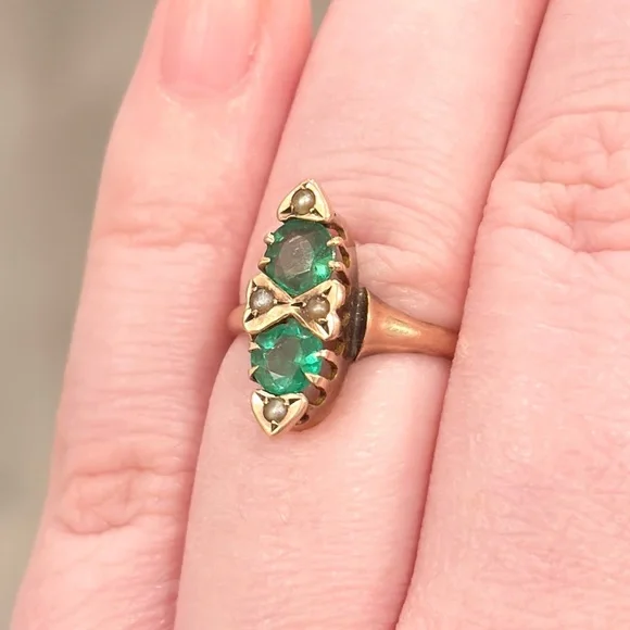 Antique Edwardian 10K Green Ring, Size 5.5, Rose Gold, Navette - Picture 12 of 17